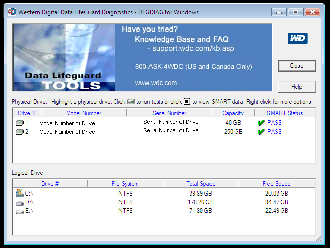 Western Digital Data Lifeguard Diagnostic for Windows screenshot