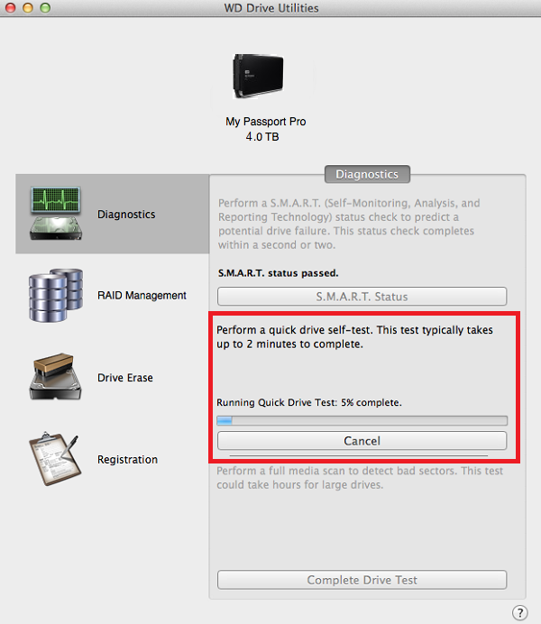 wd drive utilities mybook quick drive test failed