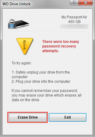 wd drive utilities unlock drive to many invalid passwords
