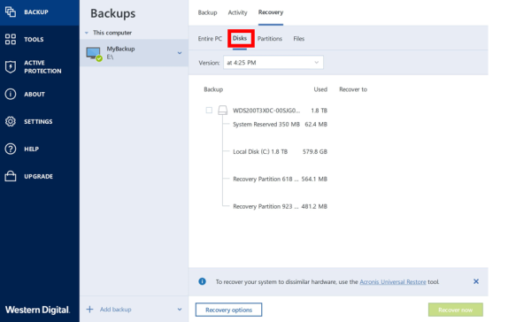 acronis true image backup recovery partition