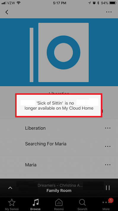 My Cloud Home: 3rd Party App Sonos "'song name' is no longer available"