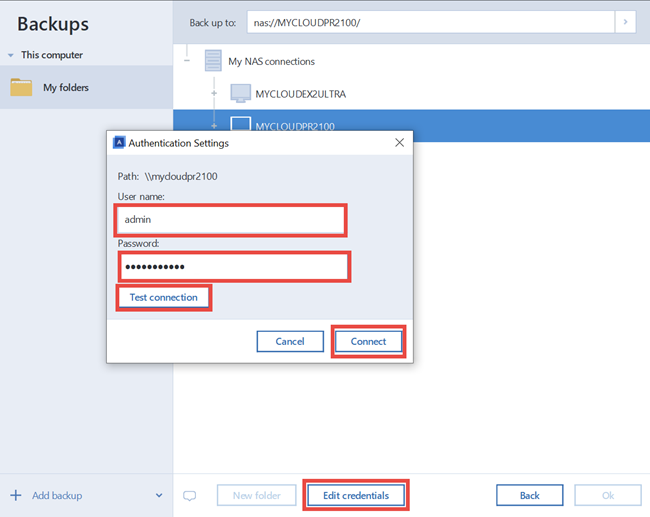 acronis true image add nas connection