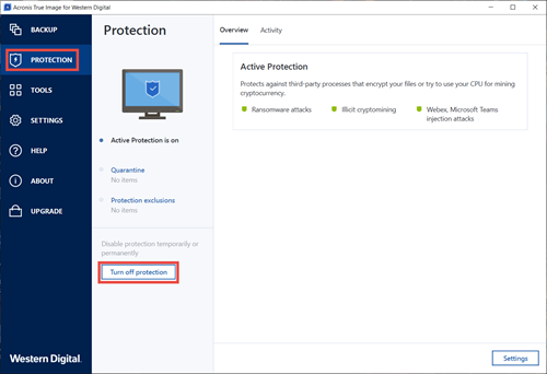 disable active protection acronis true image