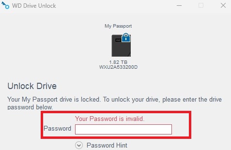 Invalid Password or Forgotten Password Message on WD Security
