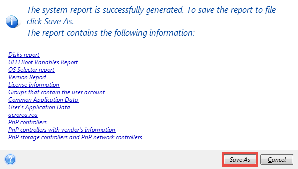 system report acronis true image