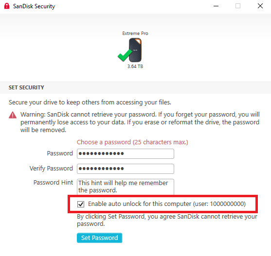 SanDisk Security Password Protected Drive Auto Unlock Not Working