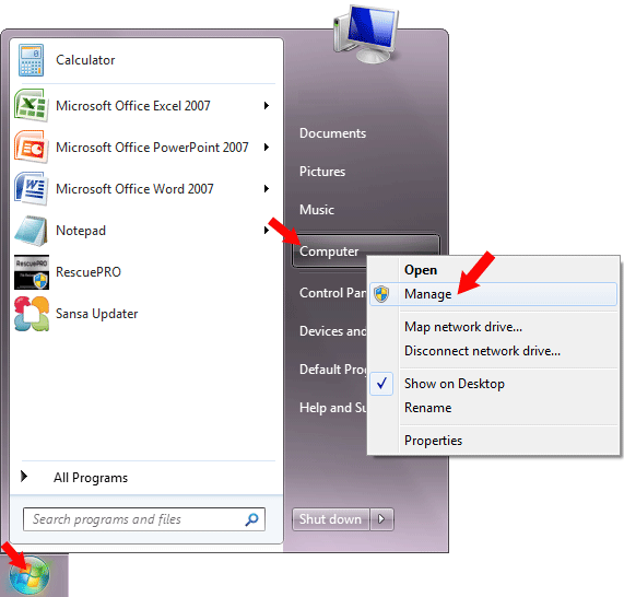 Windows: Access the Computer Management Console in 7 or Vista